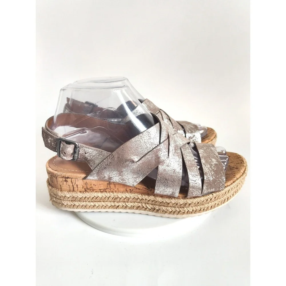 Trask Sandals 7.5 Espadrille Platform Metallic Silver Leather Strappy Boho Wedge